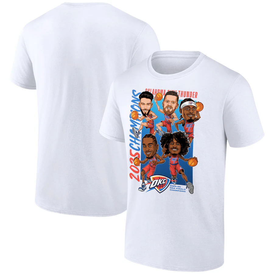 Men's Oklahoma City Thunder White 2025 Finals Champions Caricature Full Court T-Shirt