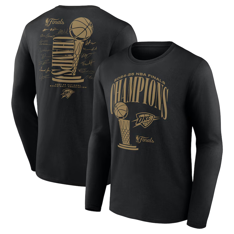 Men's Oklahoma City Thunder Black 2025 Finals Champions Double Dribble Long Sleeve T-Shirt