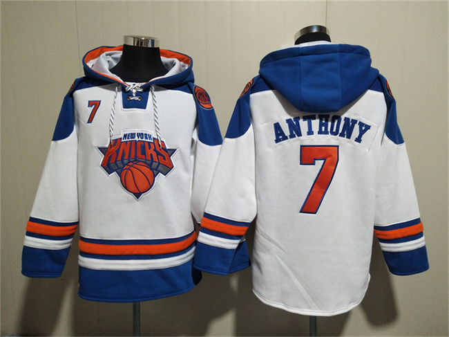 Men's New Yok Knicks #7 Carmelo Anthony White Lace-Up Pullover Hoodie