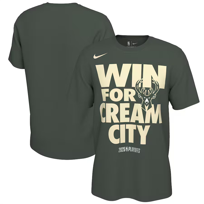 Men's Milwaukee Bucks Hunter Green 2025 Playoffs On-Court Mantra T-Shirt