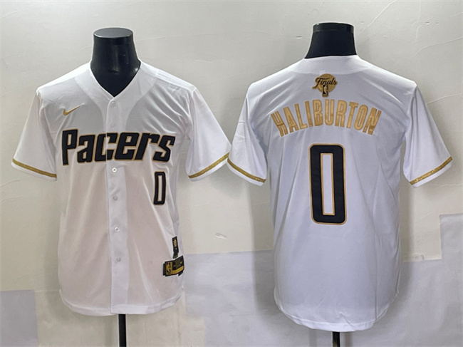 Men's Indiana Pacers #0 Tyrese Haliburton White Gold 2025 Finals Vapor Stitched Baseball Jersey