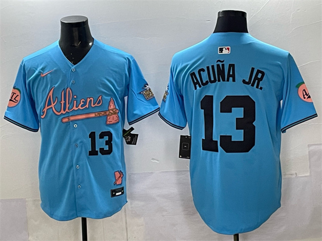 Men's Atlanta Braves #13 Ronald Acu?a Jr. Blue 2024 Atliens & Peach With Outkast Patch Vapor Limited Stitched Baseball Jersey