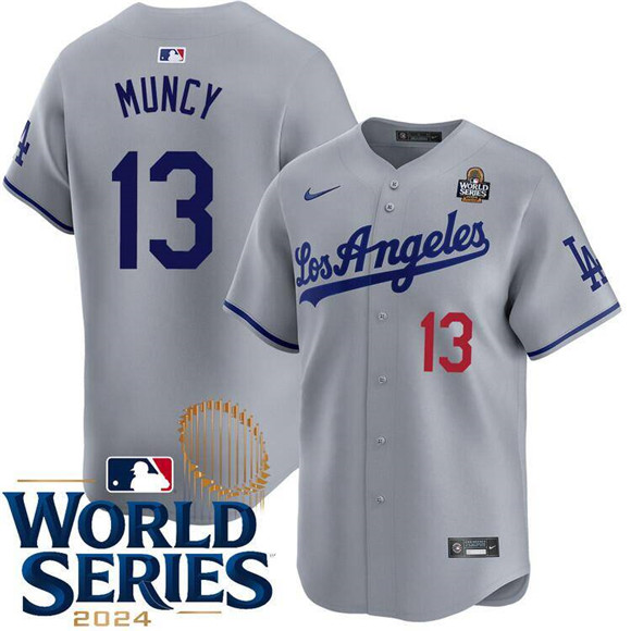 Men's Los Angeles Dodgers #13 Max Muncy Gray 2024 World Series Patch Limited Stitched Baseball Jersey
