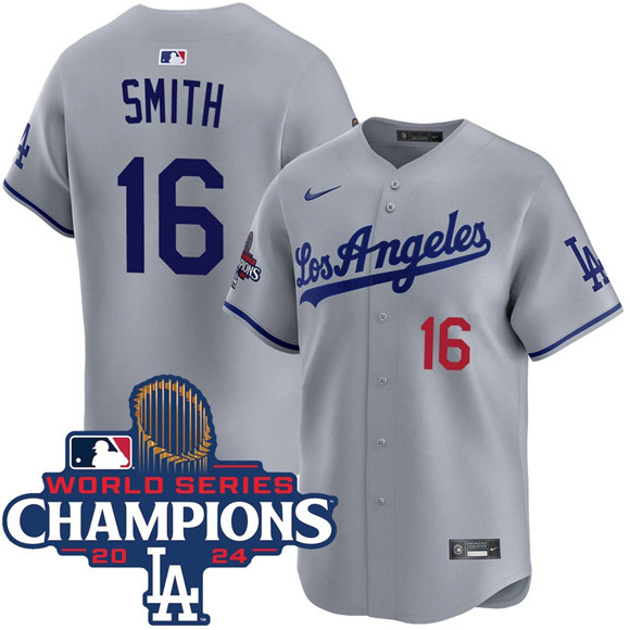 Men's Los Angeles Dodgers #16 Will Smith Gray 2024 World Series Champions Patch Limited Stitched Baseball Jersey