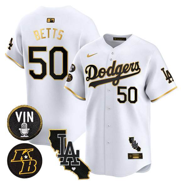 Men's Los Angeles Dodgers #50 Mookie Betts White Gold 2025 Vin & Kobe Patch Vapor Limited V2 Stitched Baseball Jersey