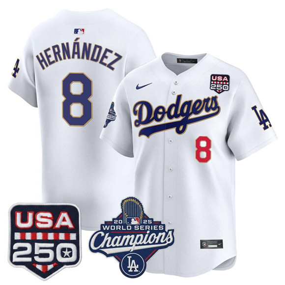 Men's Los Angeles Dodgers 8 Kiké Hernández White 2025 World Series Champions & 250America Patch Stitched Baseball Jersey