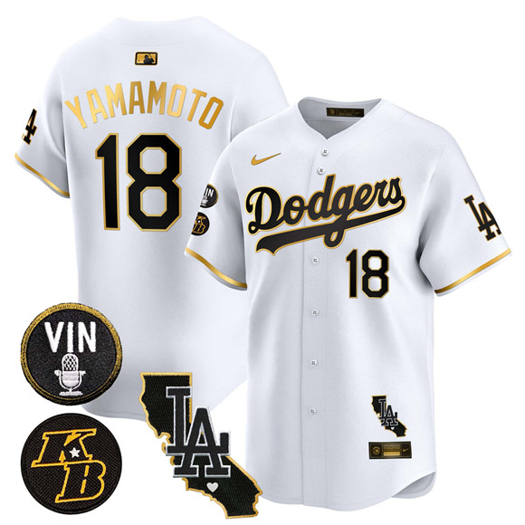 Men's Los Angeles Dodgers #18 Yoshinobu Yamamoto White Gold 2025 Vin & Kobe Patch Vapor Limited V2 Stitched Baseball Jersey
