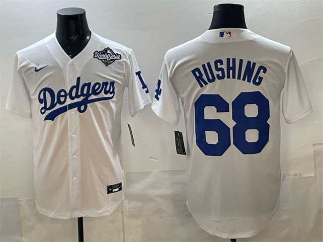Men's Los Angeles Dodgers #68 Dalton Rushing White 2025 World Series Patch Cool Base Stitched Baseball Jersey
