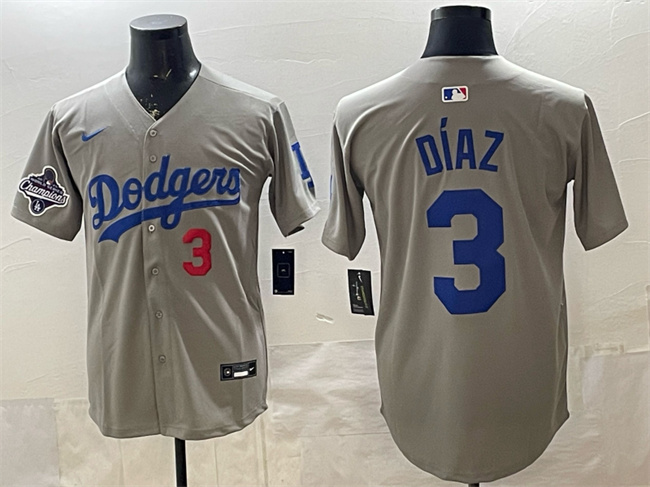 Men's Los Angeles Dodgers #3 Edwin Díaz Grey With 2025 World Series Champions Patch Limited Stitched Baseball Jersey