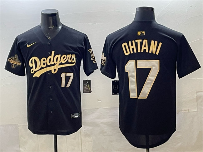 Men's Los Angeles Dodgers #17 Shohei Ohtani Black Gold 2025 World Series Champions Patch Limited Stitched Baseball Jersey