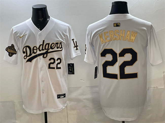 Men's Los Angeles Dodgers #22 Clayton Kershaw White Gold 2025 World Series Champions Patch Limited Stitched Baseball Jersey