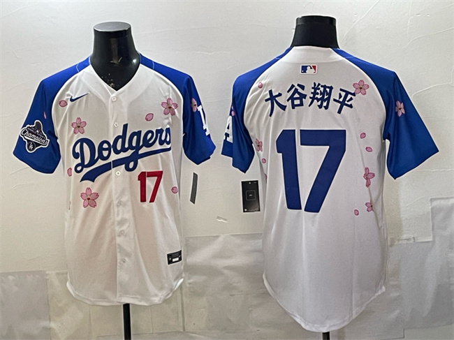 Men's Los Angeles Dodgers #17 大谷翔平 White Royal 2025 World Series Champions Patch Tokyo Series Limited Stitched Baseball Jersey