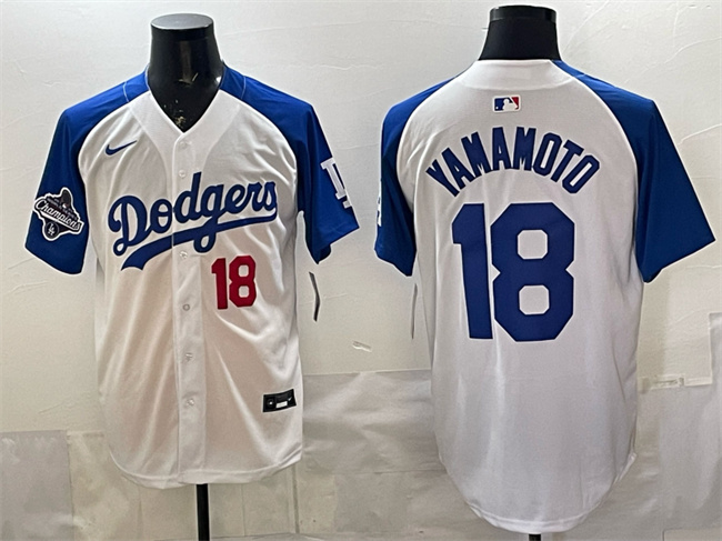 Men's Los Angeles Dodgers #18 Yoshinobu Yamamoto White  Royal 2025 World Series Champions Patch Limited Stitched Baseball Jersey