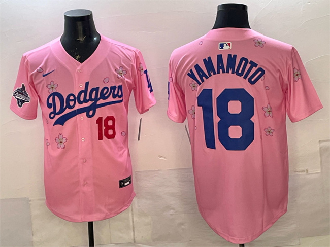 Men's Los Angeles Dodgers #18 Yoshinobu Yamamoto Pink 2025 World Series Champions Patch Tokyo Series Limited Stitched Baseball Jersey