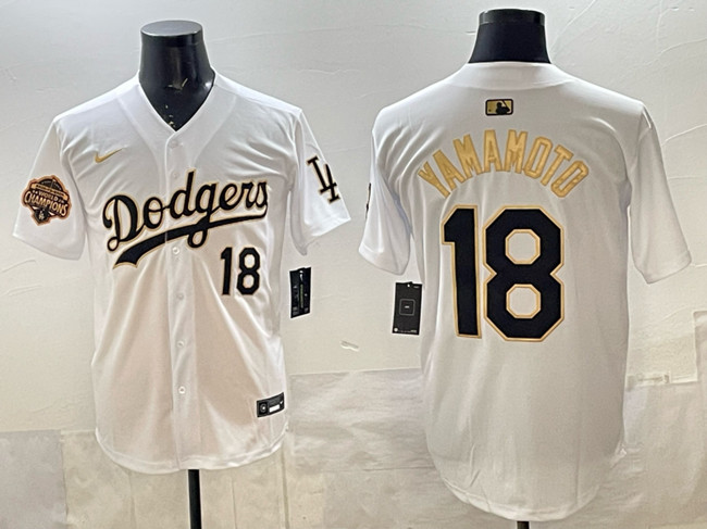Men's Los Angeles Dodgers #18 Yoshinobu Yamamoto White Gold 2025 Back To Back Champions Patch Limited Stitched Baseball Jersey