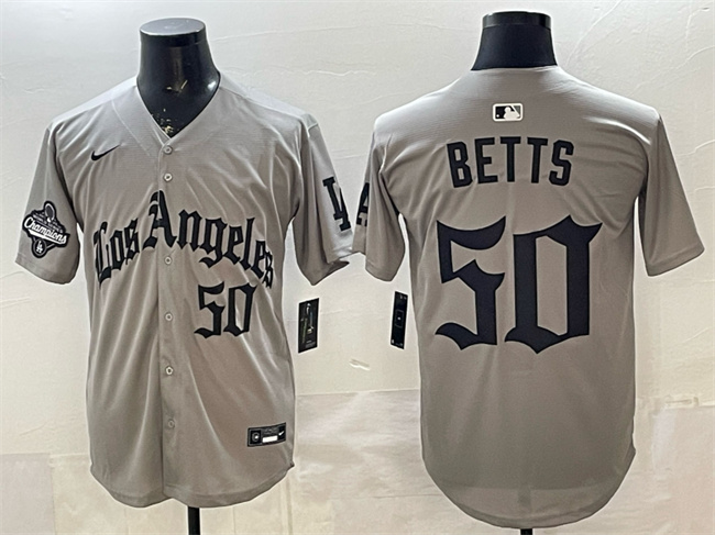 Men's Los Angeles Dodgers #50 Mookie Betts Grey LA Gothic Style With 2025 World Series Champions Patch Limited Stitched Baseball Jersey