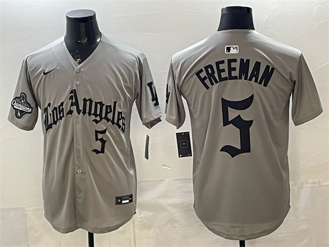Men's Los Angeles Dodgers #5 Freddie Freeman Grey LA Gothic Style With 2025 World Series Champions Patch Limited Stitched Baseball Jersey