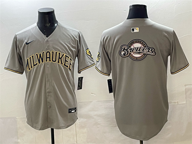 Men's Milwaukee Brewers Team Big Logo Grey Home Limited Stitched Jersey