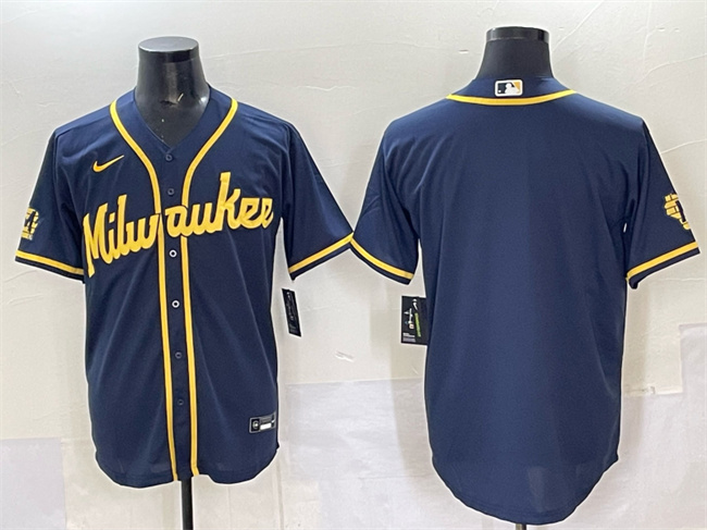 Men's Milwaukee Brewers Blank Navy 2025 With Patch Stitched Baseball Jersey
