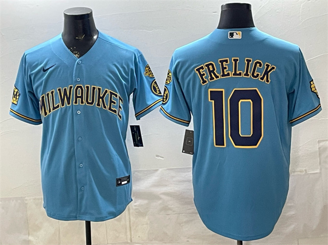 Men's Milwaukee Brewers #10 Sal Frelick Blue With Home & Bob Uecker Patch Stitched Baseball Jersey