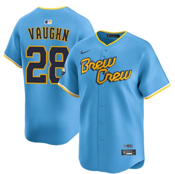 Men's Milwaukee Brewers #28 Andrew Vaughn Powder Blue City Connect Limited Stitched Baseball Jersey