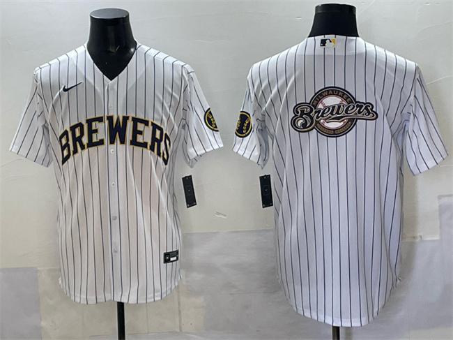 Men's Milwaukee Brewers Team Big Logo White Pinstripe 2025 With Patch Stitched Baseball Jersey