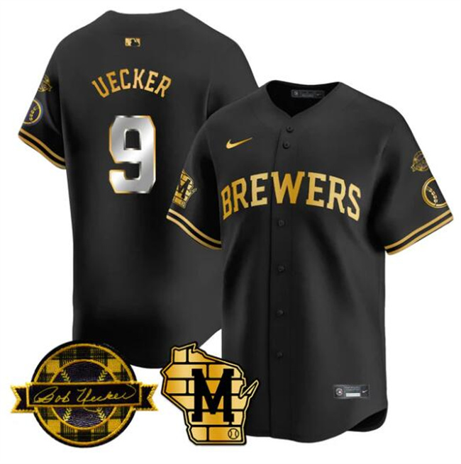 Men's Milwaukee Brewers #9 Bob Uecker Black Gold With Home & Bob Uecker Patch Limited Stitched Baseball Jersey