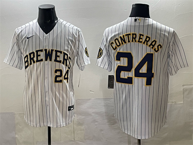 Men's Milwaukee Brewers #24 William Contreras White Pinstripe 2025 With Patch Stitched Baseball Jersey