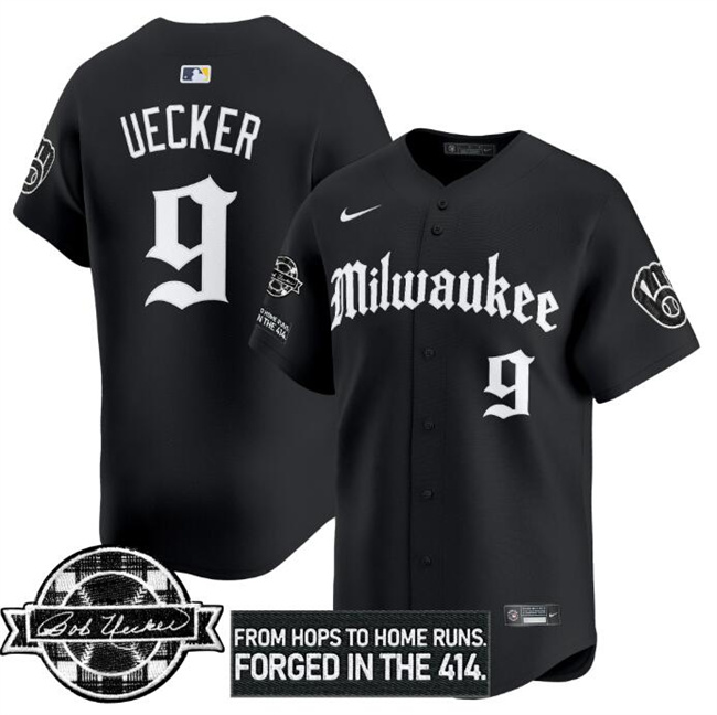 Men's Milwaukee Brewers #9 Bob Uecker Black Gothic Edition Bob Uecker Patch Vapor Premier Limited Stitched Baseball Jersey