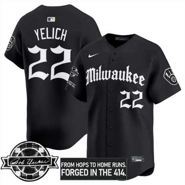 Men's Milwaukee Brewers #22 Christian Yelich Black Gothic Edition Bob Uecker Patch Vapor Premier Limited Stitched Baseball Jersey