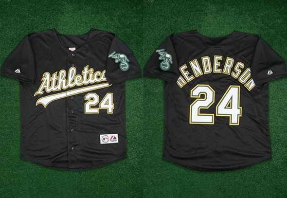 Men's Oakland Athletics #24 Rickey Henderson Black Team Patch Stitched Jersey