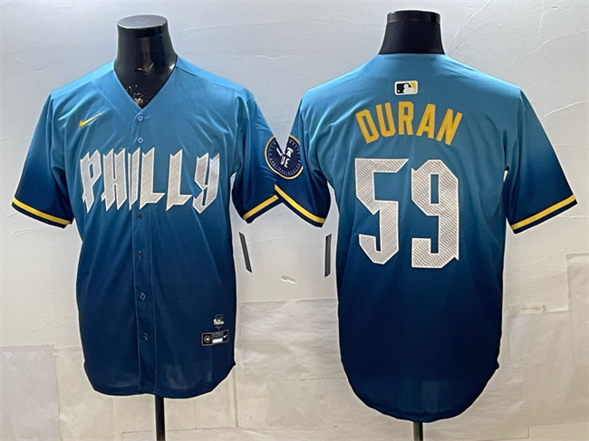 Men's Philadelphia Phillies #59 Jhoan Durán Blue 2024 City Connect Limited Stitched Jersey
