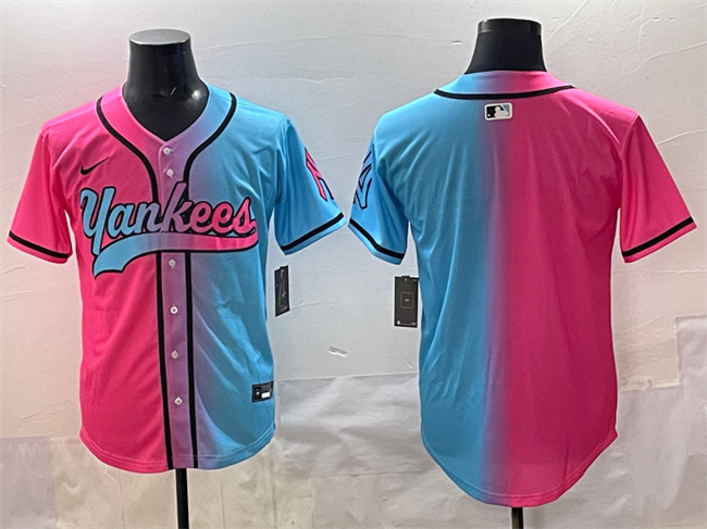 Men's New York Yankees Team Big Logo Pink  Blue Limited Stitched Baseball Jersey