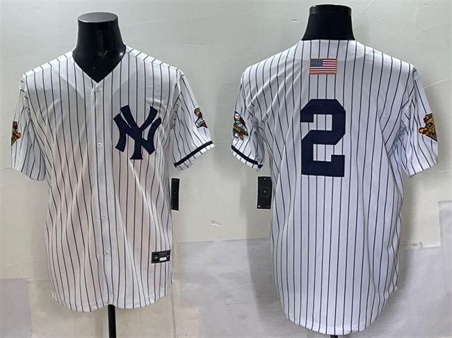 Men's New York Yankees #2 Derek Jeter White Strip World Series Limited Stitched Baseball Jersey