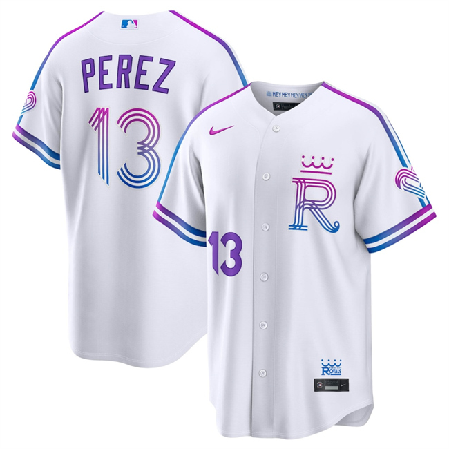 Men's Kansas City Royals #13 Salvador Perez White 2026 City Connect Stadium Stitched Baseball Jersey