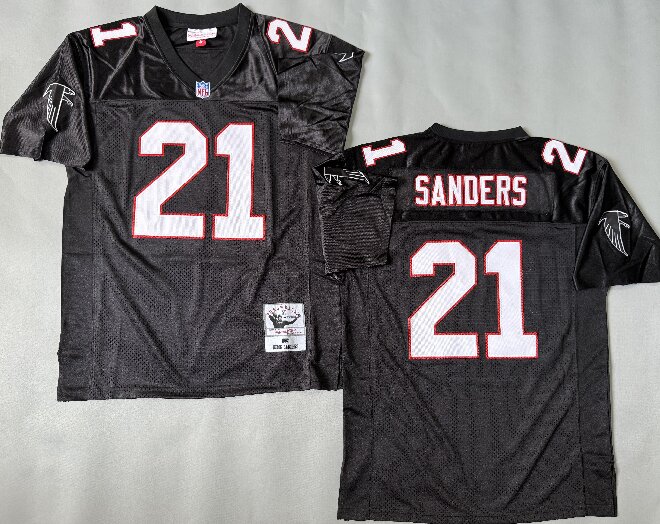 Men's Atlanta Falcons #21 Deion Sanders Black Mitchell & Ness Throwback Vintage Football Jersey