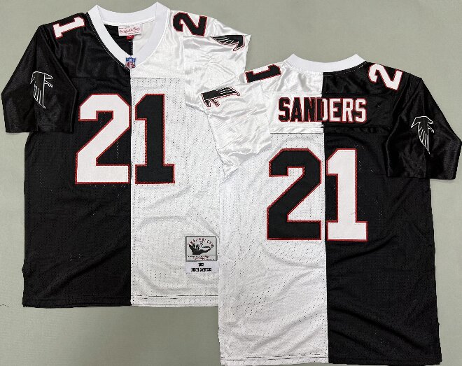 Men's Atlanta Falcons #21 Deion Sanders 1992 Black White Split Two Tone Throwback Jersey