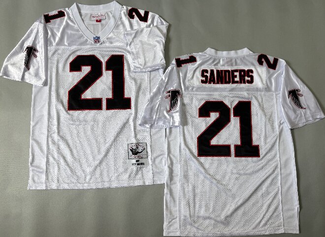 Men's Atlanta Falcons #21 Deion Sanders 1992 White Black Throwback Jersey