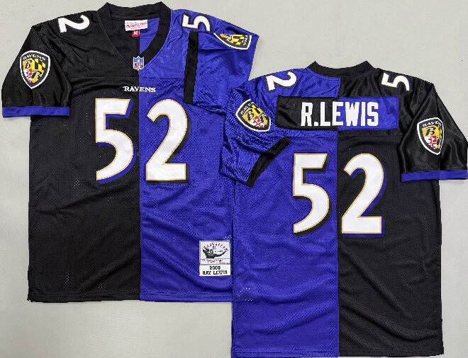 Men's Baltimore Ravens #52 Ray Lewis 2000 Black Purple Split Two Tone Throwback Jersey