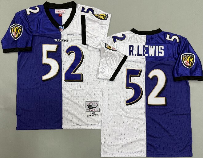 Men's Baltimore Ravens #52 Ray Lewis 2000 Purple White Split Two Tone Throwback Jersey