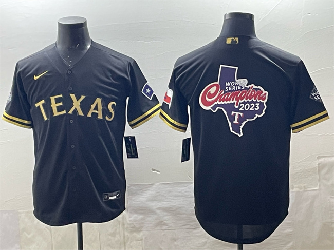 Men's Texas Rangers Team Big Logo Black Gold Cool Base Stitched Baseball Jersey