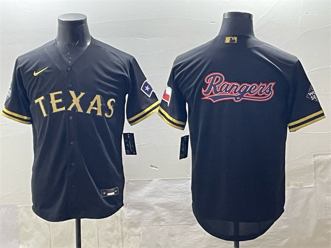 Men's Texas Rangers Team Big Logo Black Gold Cool Base Stitched Baseball  Jersey