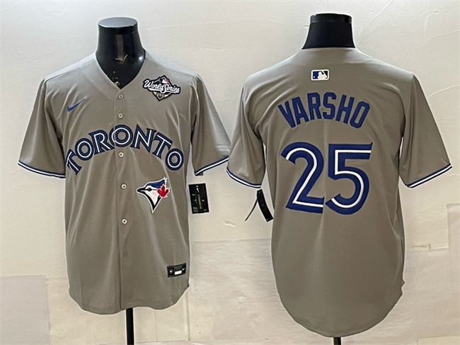 Men's Toronto Blue Jays #25 Daulton Varsho Grey 2025 World Series Home Cool Base Stitched Baseball Jersey
