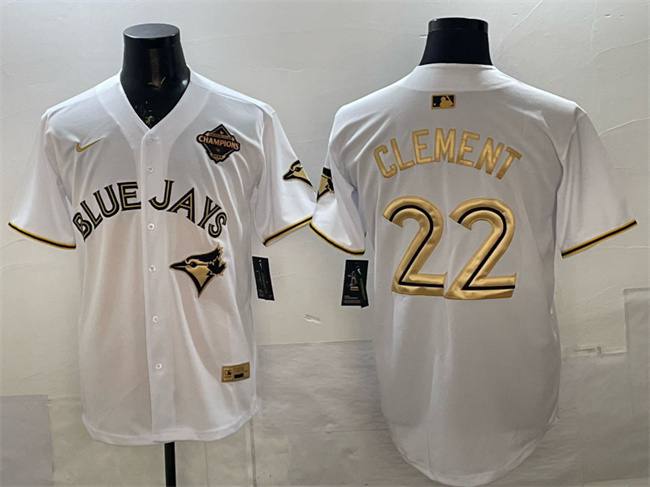Men's Toronto Blue Jays #22 Ernie Clement White Gold 2025 American League Champions Limited Stitched Baseball Jersey