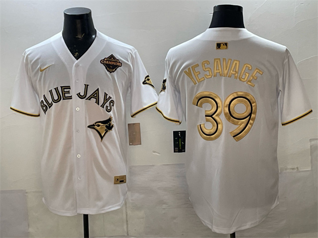 Men's Toronto Blue Jays #39 Trey Yesavage White Gold 2025 American League Champions Limited Stitched Baseball Jersey