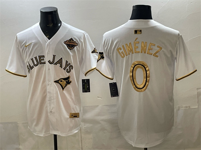 Men's Toronto Blue Jays #0 Andrés Giménez White Gold 2025 American League Champions Limited Stitched Baseball Jersey