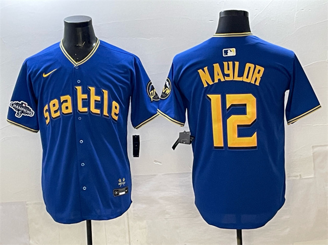 Men's Seattle Mariners #12 Josh Naylor Royal With 2025 AL West Division Champions Patch Limited Stitched Jersey