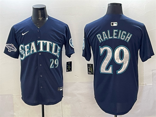 Men's Seattle Mariners #29 Cal Raleigh Navy With 2025 AL West Division Champions Patch Limited Stitched Jersey