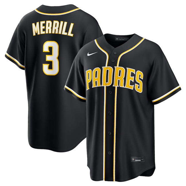 Men's San Diego Padres #3 Jackson Merrill 2026 Fashion Replica Black Out Stitched Baseball Jersey