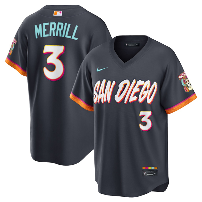 Men's San Diego Padres #3 Jackson Merrill Obsidian 2026 City Connect Stadium Stitched Baseball Jersey